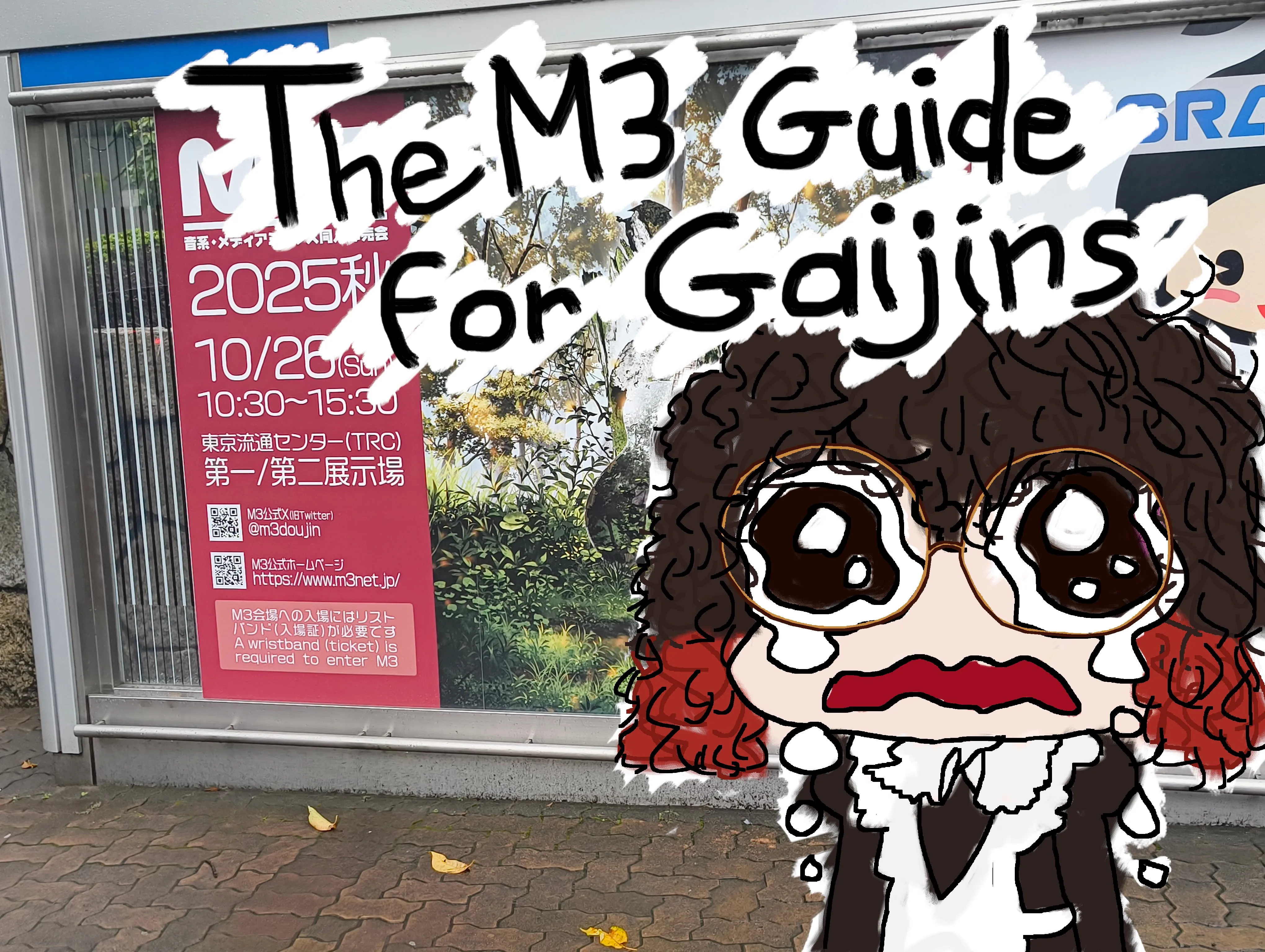 Doodle of an overwhelmed Robin in front of the M3 panel at Tokyo Ryutsu Center.